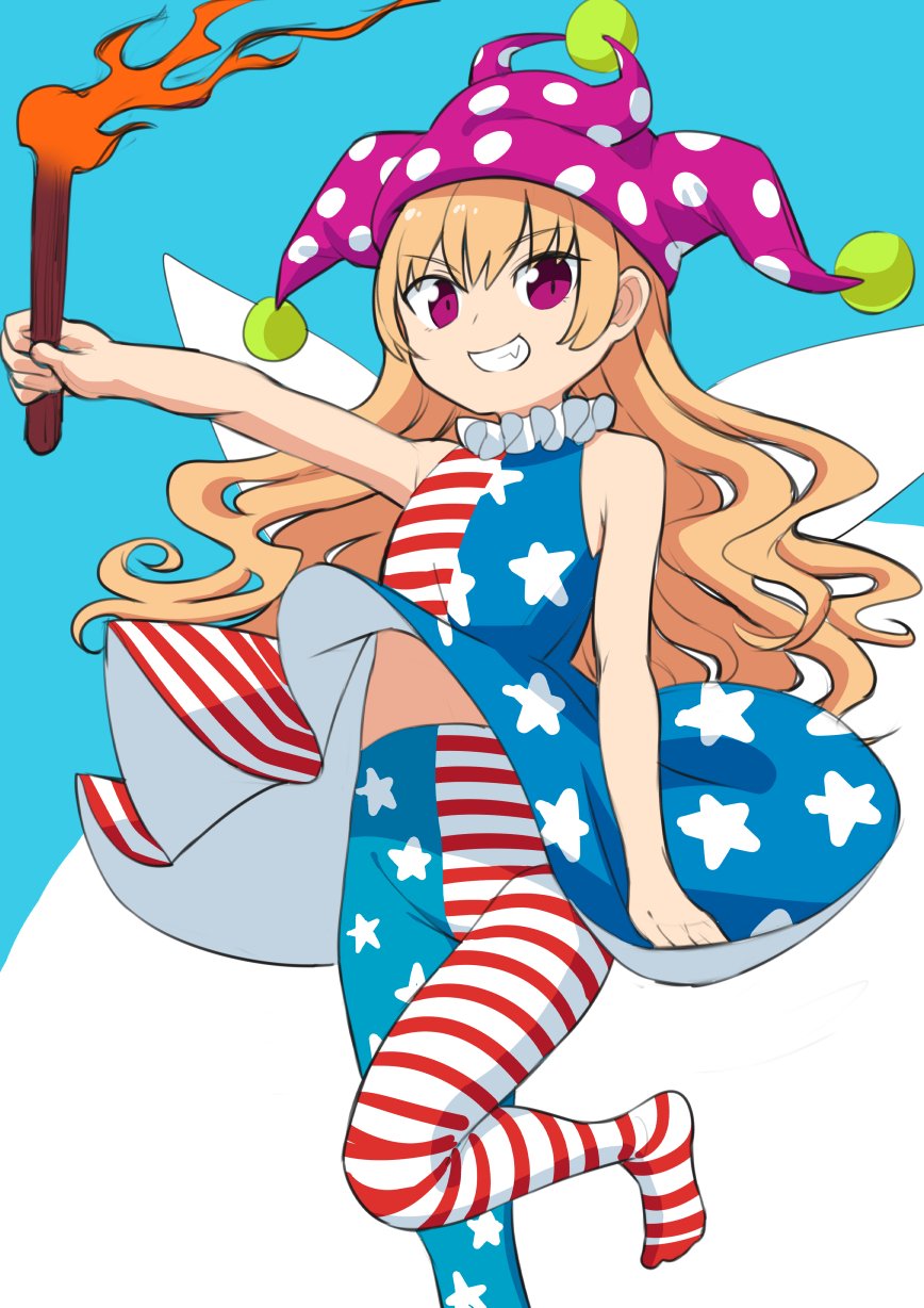 1girl adapted_costume alternate_eye_color american_flag_dress american_flag_legwear bangs blonde_hair blue_background clownpiece dress eyebrows_visible_through_hair fairy_wings grin hat highres jester_cap leg_up looking_at_viewer multicolored multicolored_background navel neck_ruff nobori_ranzu outline outstretched_arm pantyhose polka_dot purple_hat sharp_teeth sidelocks skinny skirt_hold sleeveless sleeveless_dress smile solo teeth torch touhou violet_eyes waist white_background wings