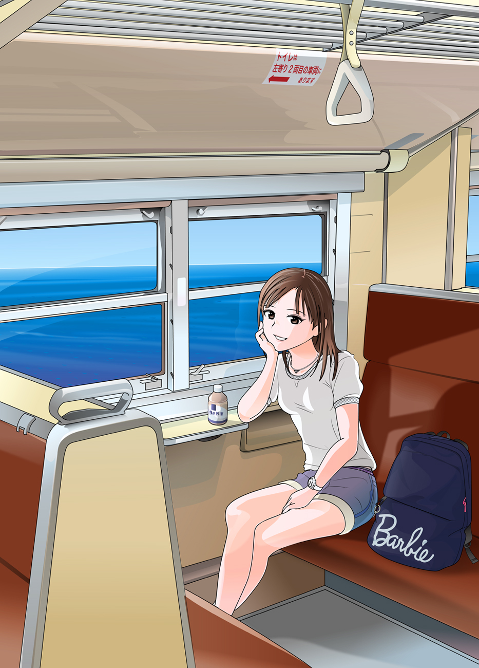 1girl backpack backpack_removed bag bangs blue_backpack blue_shorts bottle breasts brown_eyes brown_hair commentary_request feet_out_of_frame grin hand_grip hand_on_own_thigh head_in_hand highres legs_crossed looking_at_viewer ocean original parted_bangs shirt short_hair short_sleeves shorts sign sitting small_breasts smile solo tousai_(kiha52122) train_interior watch watch white_shirt window