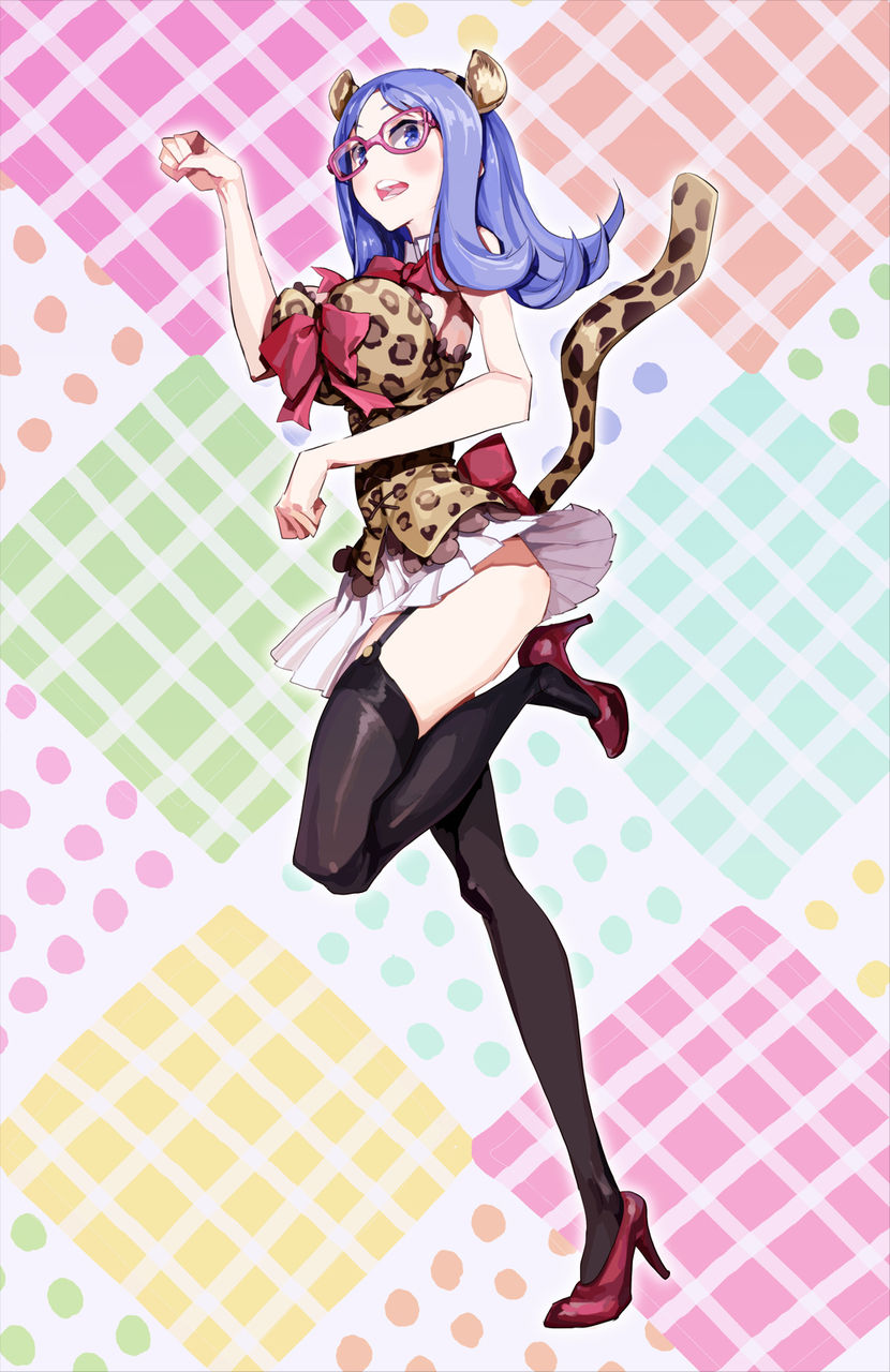 1girl alternate_costume animal_ears animal_print atago_kinue black_legwear blue_eyes blue_hair bow bowtie breasts brown_shirt clenched_hands fake_animal_ears fake_tail full_body garter_straps glasses high_heels highres large_breasts leg_up leopard_ears leopard_print leopard_tail long_hair looking_at_viewer miniskirt multicolored multicolored_background open_mouth paw_pose pleated_skirt print_shirt red-framed_eyewear red_bow red_footwear red_neckwear saki shirt skirt smile solo standing standing_on_one_leg tail thigh-highs white_skirt yaku_yojino