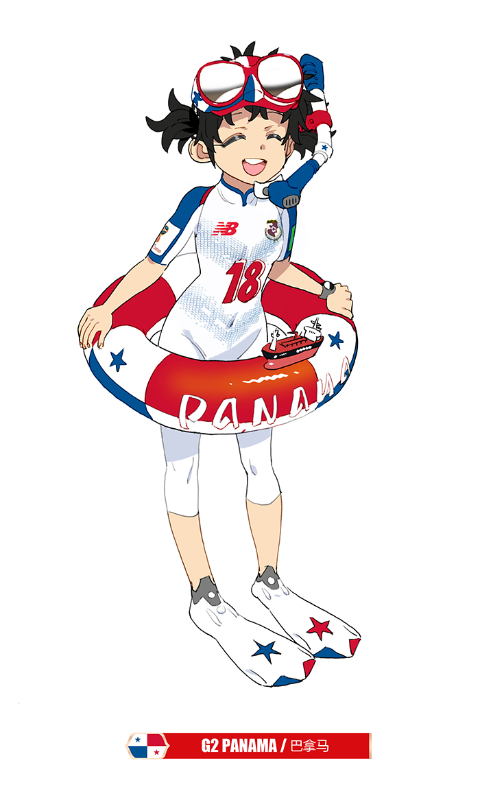 1girl 2018_fifa_world_cup :d boat bodysuit closed_eyes daibajoujisan diving_suit flippers full_body goggles innertube open_mouth panama panama_flag simple_background smile snorkel soccer solo watercraft white_background