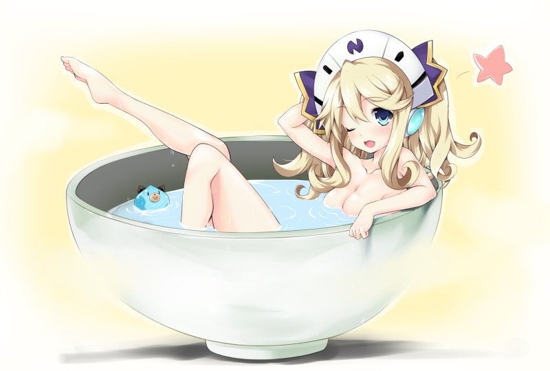 1girl ;o bathing blonde_hair blue_eyes blush breasts cleavage commentary commentary_request cup curly_hair dogoo hair_between_eyes hair_ribbon hat histoire iwasi-r leg_up legs long_hair looking_at_viewer medium_breasts neptune_(series) nude one_eye_closed ribbon solo steam twintails water