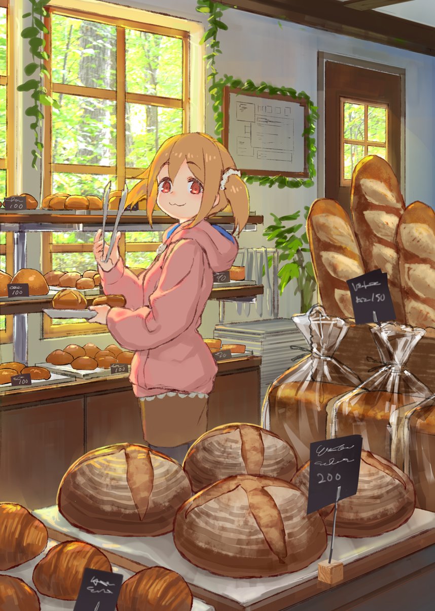 1girl :3 baguette bakery blonde_hair bread food highres hood hoodie izumi_sai loaf_of_bread looking_at_viewer ootani-san red_eyes shop tongs twintails virtual_youtuber window