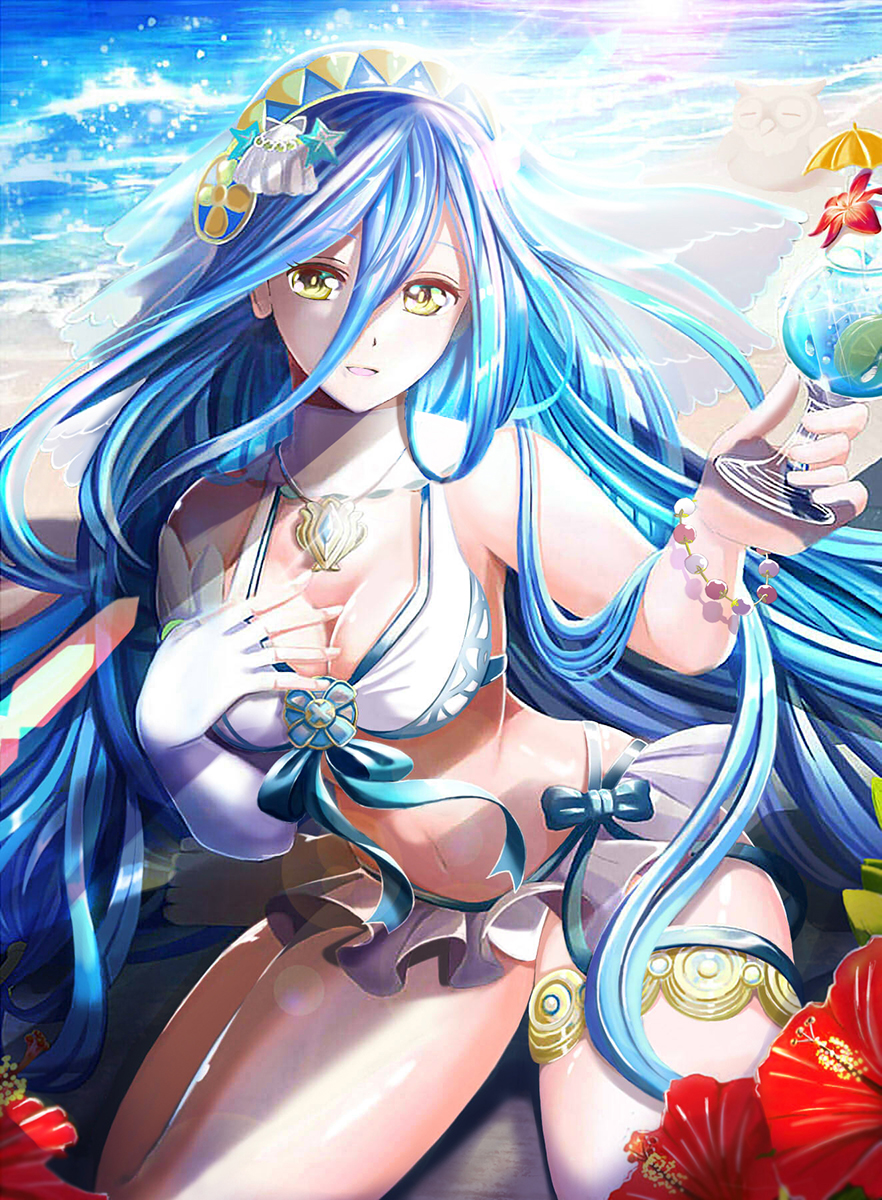 1girl adapted_costume aqua_(fire_emblem_if) aqua_hair beach bikini bracelet breasts cleavage cocktail_umbrella cute drink elbow_gloves feh_(fire_emblem_heroes) fingerless_gloves fire_emblem fire_emblem_heroes fire_emblem_if flower gloves hair_between_eyes hair_ornament hand_on_own_chest highres intelligent_systems jewelry long_hair looking_at_viewer medium_breasts midriff navel necklace nintendo ocean open_mouth sand_sculpture shell_hair_ornament single_glove sitting solo swimsuit tongari veil wariza white_gloves yellow_eyes