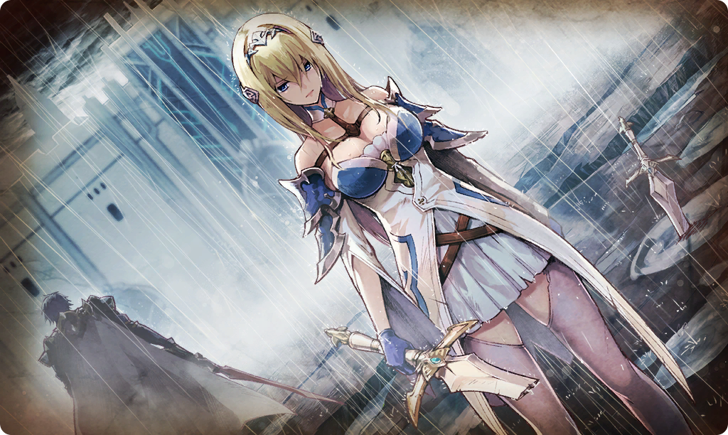 1boy 1girl armor back blonde_hair breasts broken broken_sword broken_weapon cadanova_(dare_ga_tame_no_alchemist) cape castle cleavage clouds cracked_floor dare_ga_tame_no_alchemist defeat detached_sleeves game_cg gloves hair_ornament holding holding_weapon official_art outdoors puddle rain rounded_corners sword thigh-highs torn_clothes weapon wet wet_clothes wet_hair yauras_(dare_ga_tame_no_alchemist)