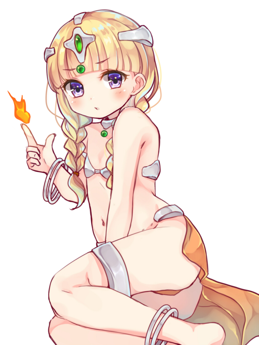 1girl ass bangle bangs bare_arms bare_shoulders barefoot blonde_hair blunt_bangs blush bracelet braid commentary_request dragon_quest dragon_quest_xi eyebrows_visible_through_hair feet_out_of_frame fingernails fire hand_up headpiece index_finger_raised jewelry long_hair looking_at_viewer low_twintails navel parted_lips ruriwo_(ruri_wo) simple_background solo twin_braids twintails veronica_(dq11) violet_eyes white_background