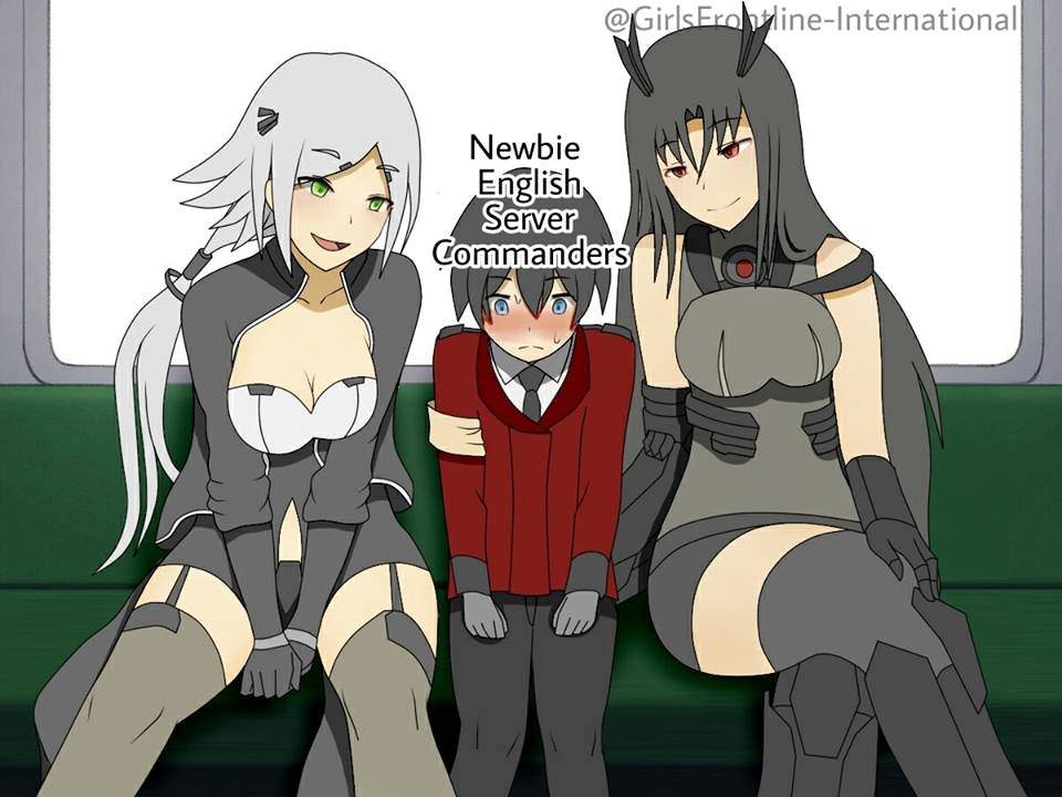 1boy 2girls 4chan age_difference android blush breasts cleavage cleavage_cutout commander_(girls_frontline) english executioner_(girls_frontline) girls_frontline height hunter_(girls_frontline) multiple_girls sangvis_ferri shota thighs train_interior