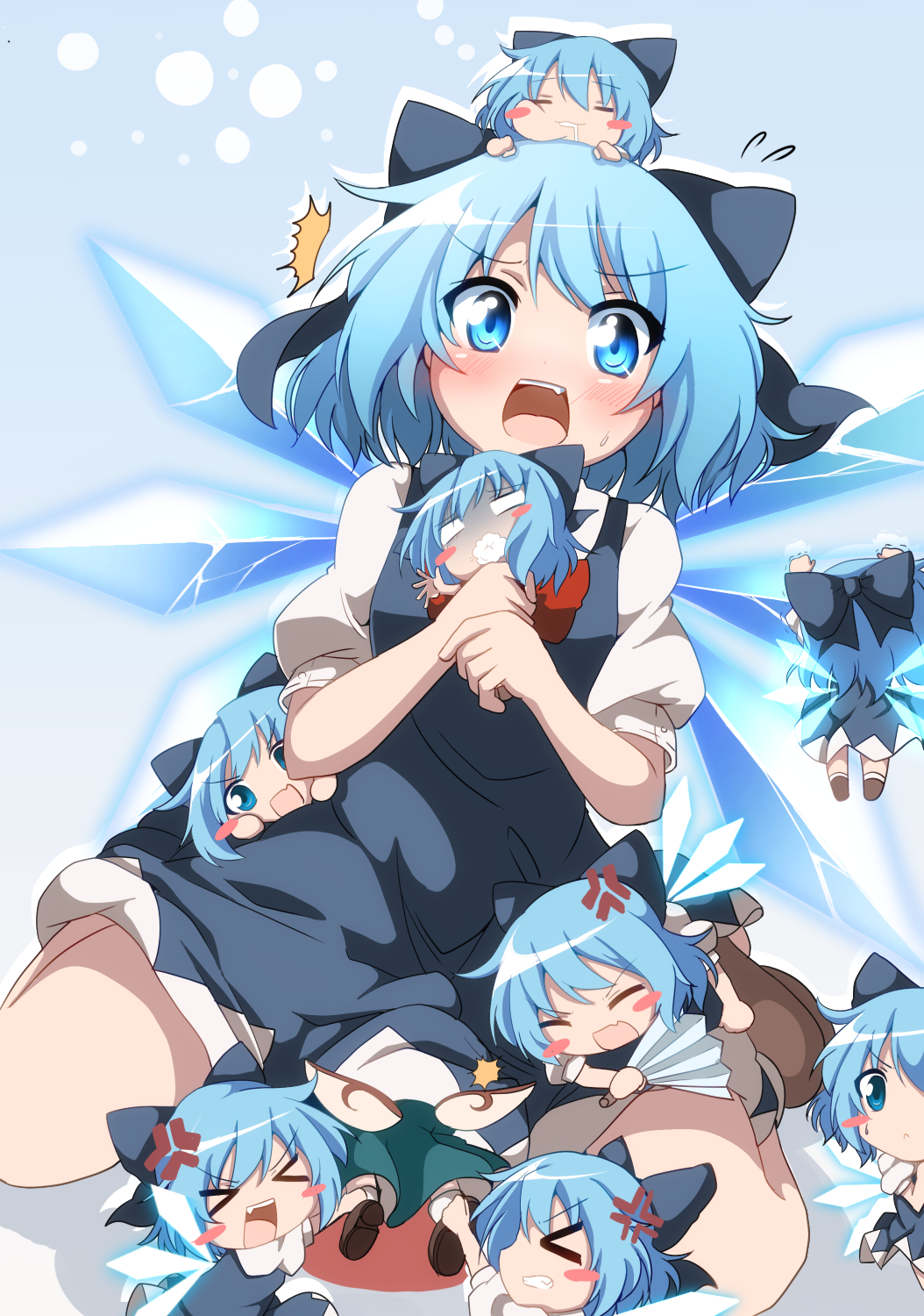 &gt;:d &gt;_&lt; /\/\/\ 6+girls :c anger_vein angry blank_eyes blue_bow blue_dress blue_eyes blue_hair blush blush_stickers bow bowtie brown_footwear bug butterfly chibi cirno closed_eyes closed_mouth commentary_request daiyousei do_(4-rt) dress drooling eyebrows_visible_through_hair fairy_wings fan fang flying_sweatdrops foaming_at_the_mouth glowing glowing_butterfly hair_bow hanging highres holding holding_fan ice ice_wings insect looking_at_another minigirl multiple_girls multiple_persona open_mouth paper_fan puffy_short_sleeves puffy_sleeves pulling red_bow shoes short_hair short_sleeves sitting smile surprised sweatdrop touhou trembling turn_pale v-shaped_eyebrows wariza wings
