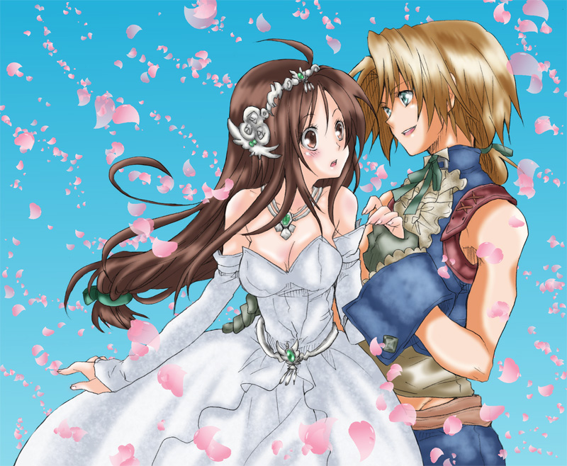 1boy 1girl breasts brown_eyes brown_hair cleavage commentary_request couple dress final_fantasy final_fantasy_ix garnet_til_alexandros_xvii green_eyes jewelry linzsan long_hair necklace tail tiara zidane_tribal