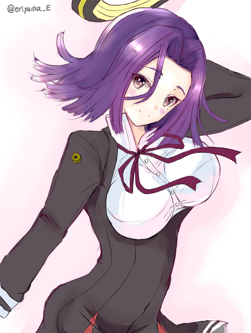 1girl black_dress cowboy_shot dress eriyama_(user_csua4255) gradient gradient_background hair_intakes head_tilt kantai_collection looking_at_viewer mechanical_halo neck_ribbon pink_background purple_hair ribbon short_hair smile solo tatsuta_(kantai_collection) twitter_username violet_eyes