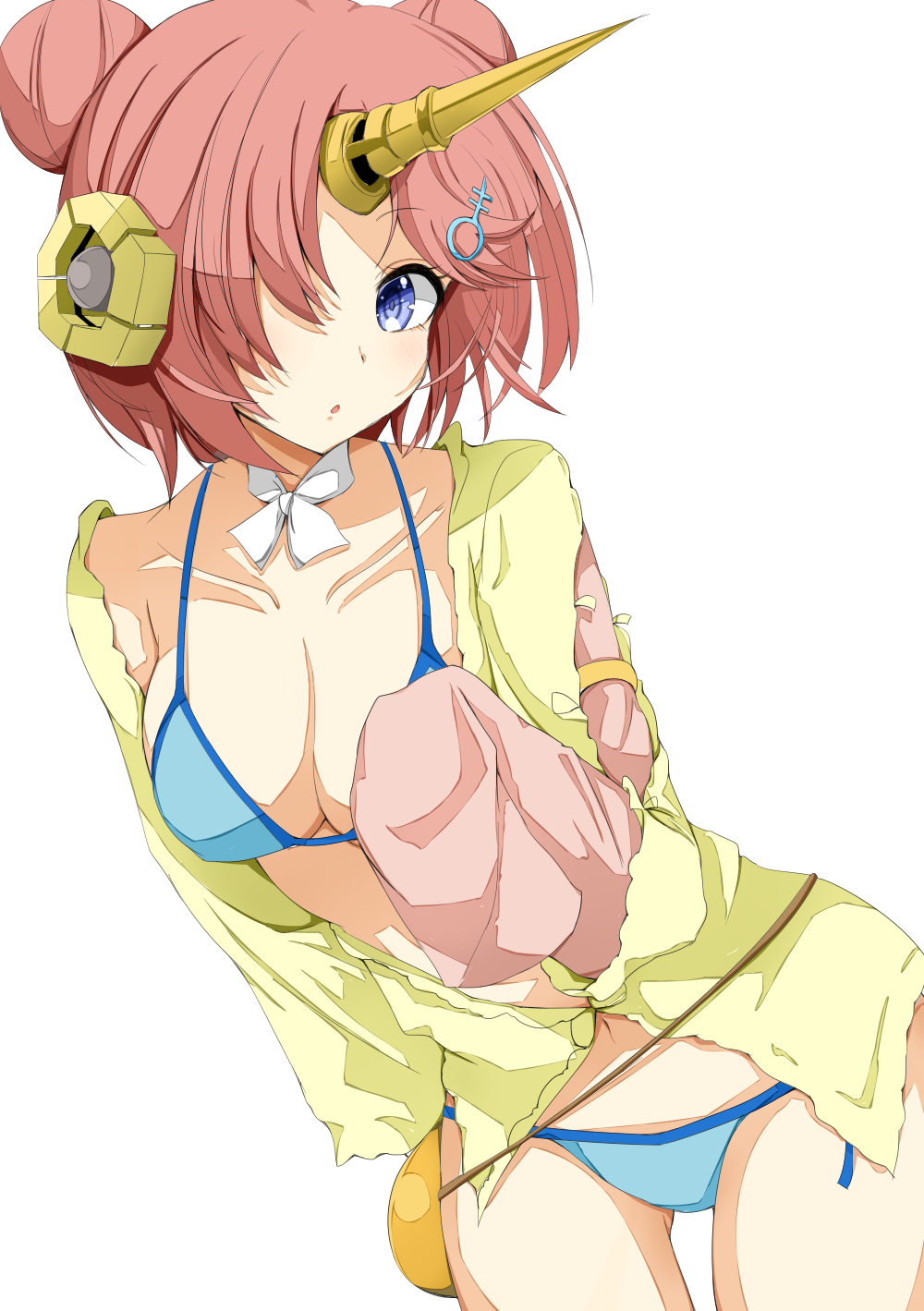 1girl bikini blue_eyes breasts double_bun fate/grand_order fate_(series) frankenstein's_monster_(fate) frankenstein's_monster_(swimsuit_saber)_(fate) hair_ornament hair_over_one_eye hairclip headgear highres horn looking_at_viewer luluhavinera pink_hair short_hair simple_background single_detached_sleeve sleeves_past_wrists swimsuit white_background