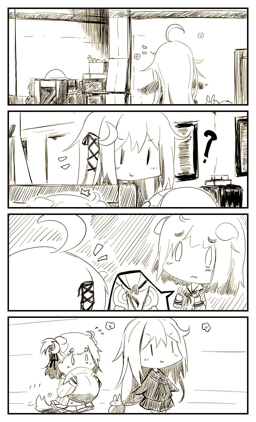 0_0 2girls 4koma :3 ? ahoge animal_ears azur_lane bangs blush broken bunny_hair_ornament closed_mouth comic commentary_request covered_mouth crescent crescent_hair_ornament crossover dog_ears dog_girl dog_tail eyebrows_visible_through_hair flying_sweatdrops greyscale hair_between_eyes hair_ornament hair_ornament_removed hair_ribbon hat hat_removed headwear_removed highres holding holding_hat kantai_collection kindergarten_uniform long_hair long_sleeves low-tied_long_hair monochrome motion_lines multiple_girls namesake notice_lines one_side_up outdoors outstretched_arms pleated_skirt ribbon sailor_collar school_hat shirt silent_comic skirt spread_arms tail teardrop uzuki_(azur_lane) uzuki_(kantai_collection) v-shaped_eyebrows very_long_hair wavy_mouth yagami_kamiya |_|