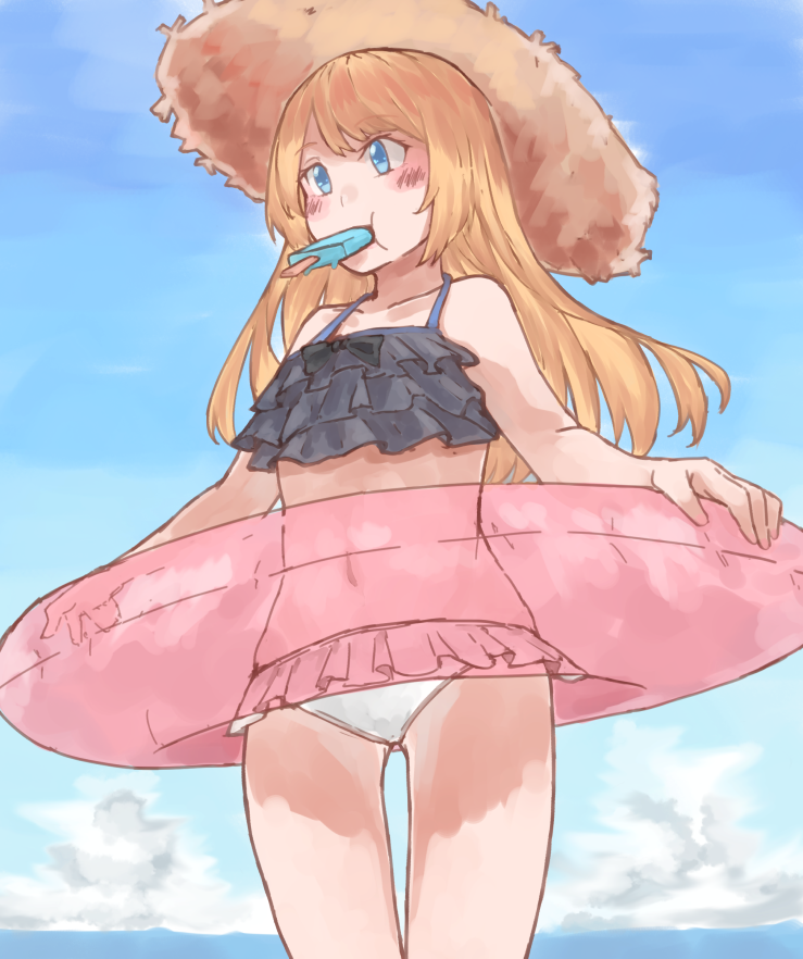 1girl az_toride bikini black_bikini_top blonde_hair blue_eyes blue_sky clouds cowboy_shot day food frilled_bikini frilled_bikini_bottom frilled_bikini_top frills from_below gradient_sky hat innertube jervis_(kantai_collection) kantai_collection long_hair mismatched_bikini mouth_hold outdoors popsicle see-through sky solo sun_hat swimsuit white_bikini_bottom