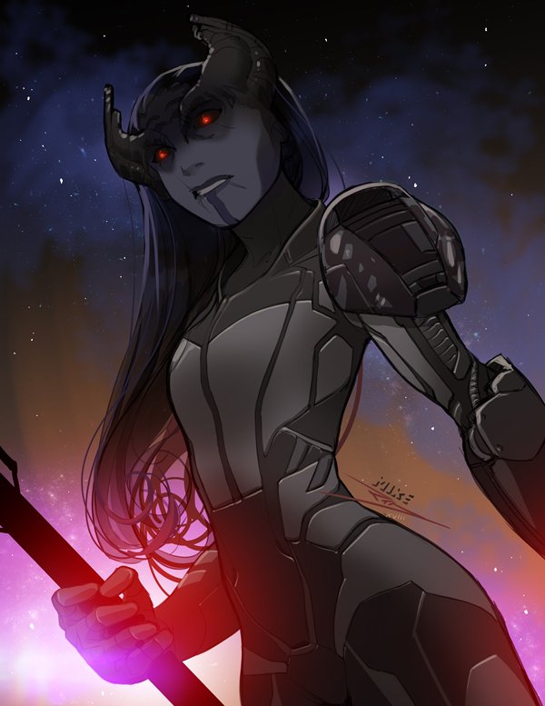 1girl armor artist_name avengers:_infinity_war black_hair black_sclera blue_skin facial_mark fingerless_gloves gloves horns long_hair marvel mike_nesbitt night night_sky proxima_midnight red_eyes scar sky solo staff star_(sky) teeth