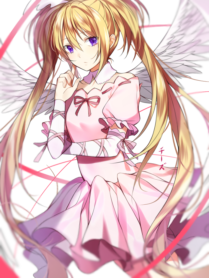 1girl blonde_hair chi_zu_crazy choker detached_sleeves dress dutch_angle eyebrows_visible_through_hair feathered_wings floating_hair hair_between_eyes hoshina_utau index_finger_raised long_hair looking_at_viewer neck_ribbon pink_dress pleated_dress red_ribbon ribbon short_dress short_sleeves shugo_chara! solo standing twintails very_long_hair violet_eyes white_wings wings