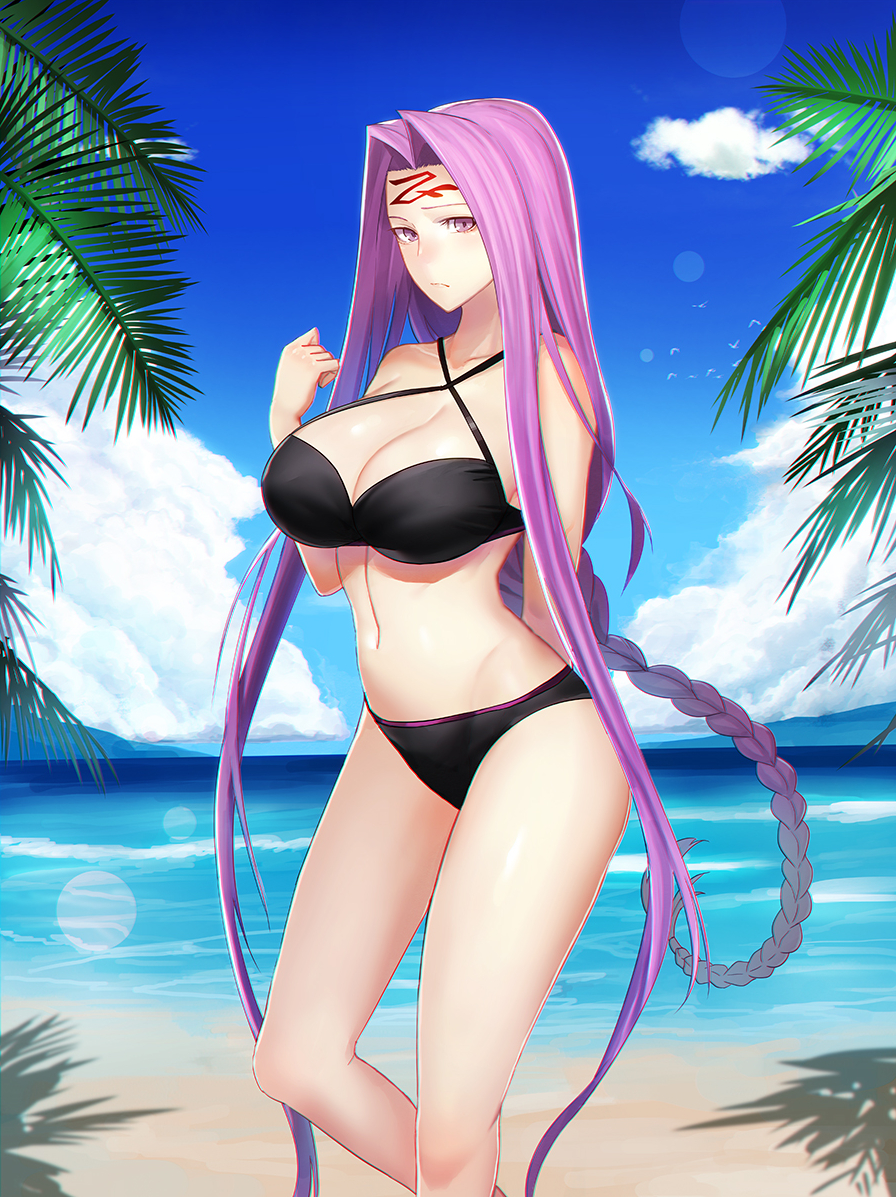 1girl blue_sky braid breasts clouds day facial_mark fate/grand_order fate/stay_night fate_(series) forehead forehead_mark hair_intakes large_breasts long_hair medusa_(lancer)_(fate) minami_koyogi ocean outdoors palm_tree purple_hair rider single_braid sky solo standing tree very_long_hair violet_eyes