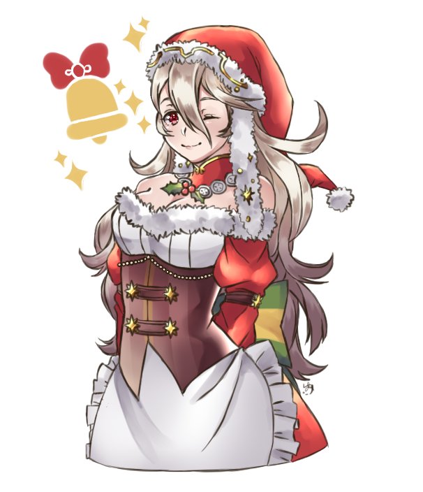 arms_behind_back bare_shoulders bell breasts cleavage cosplay detached_collar dress female_my_unit_(fire_emblem_if) fire_emblem fire_emblem:_kakusei fire_emblem_heroes fire_emblem_if fur_trim hat liz_(fire_emblem) liz_(fire_emblem)_(cosplay) long_hair long_sleeves maji_(majibomber) medium_breasts my_unit_(fire_emblem_if) one_eye_closed red_eyes santa_hat simple_background smile strapless strapless_dress white_background white_hair