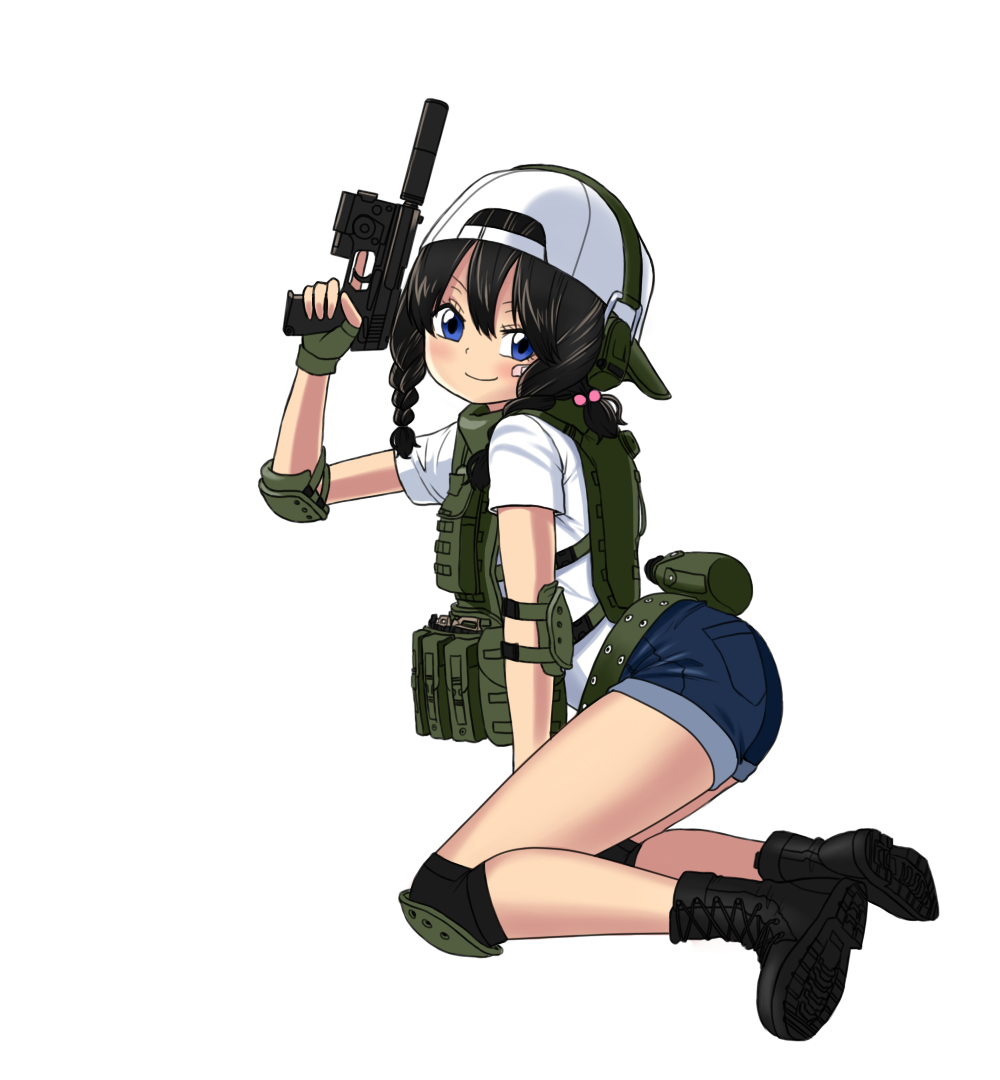 1girl black_hair gun handgun kneeling military mk001black original pistol self_upload short_shorts shorts soldier weapon