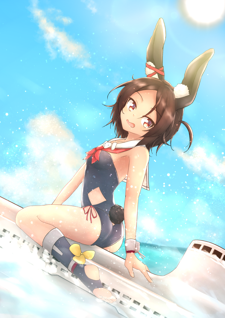 1girl animal_ears armpits ass azur_lane blue_legwear brown_eyes brown_hair bunny_tail centi_mnkt clouds detached_collar from_behind i-26_(azur_lane) kneehighs looking_back ocean one-piece_swimsuit open_mouth rabbit_ears sailor_collar school_swimsuit short_hair sitting sky solo straddling strapless strapless_swimsuit submarine swimsuit tail toeless_legwear toes water watercraft