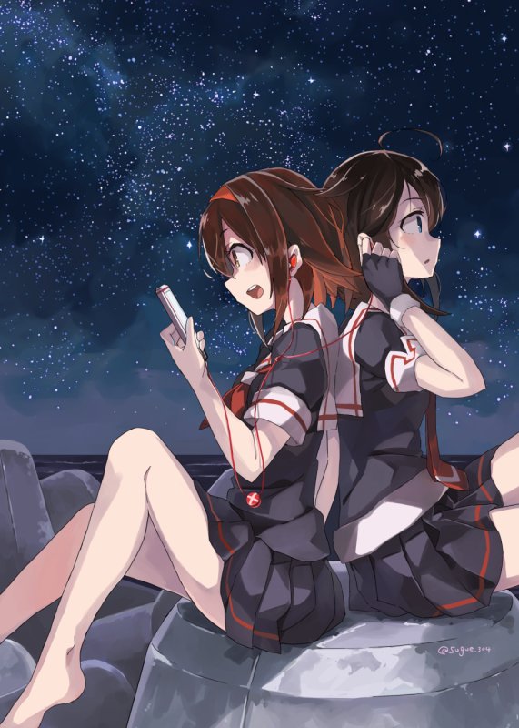 2girls :d ahoge arm_up back-to-back barefoot black_gloves black_hair black_serafuku black_skirt blue_eyes brown_eyes brown_hair cellphone commentary earphones fingerless_gloves folded_leg from_side gloves hair_flaps headband holding holding_phone kantai_collection long_hair multiple_girls neckerchief night night_sky ocean open_mouth outdoors parted_lips phone pleated_skirt profile red_neckwear remodel_(kantai_collection) round_teeth sailor_collar school_uniform serafuku shared_earphones sharing shigure_(kantai_collection) shiratsuyu_(kantai_collection) short_hair short_sleeves sitting skirt sky smartphone smile star_(sky) starry_sky sugue_tettou teeth tetrapod twitter_username water white_sailor_collar