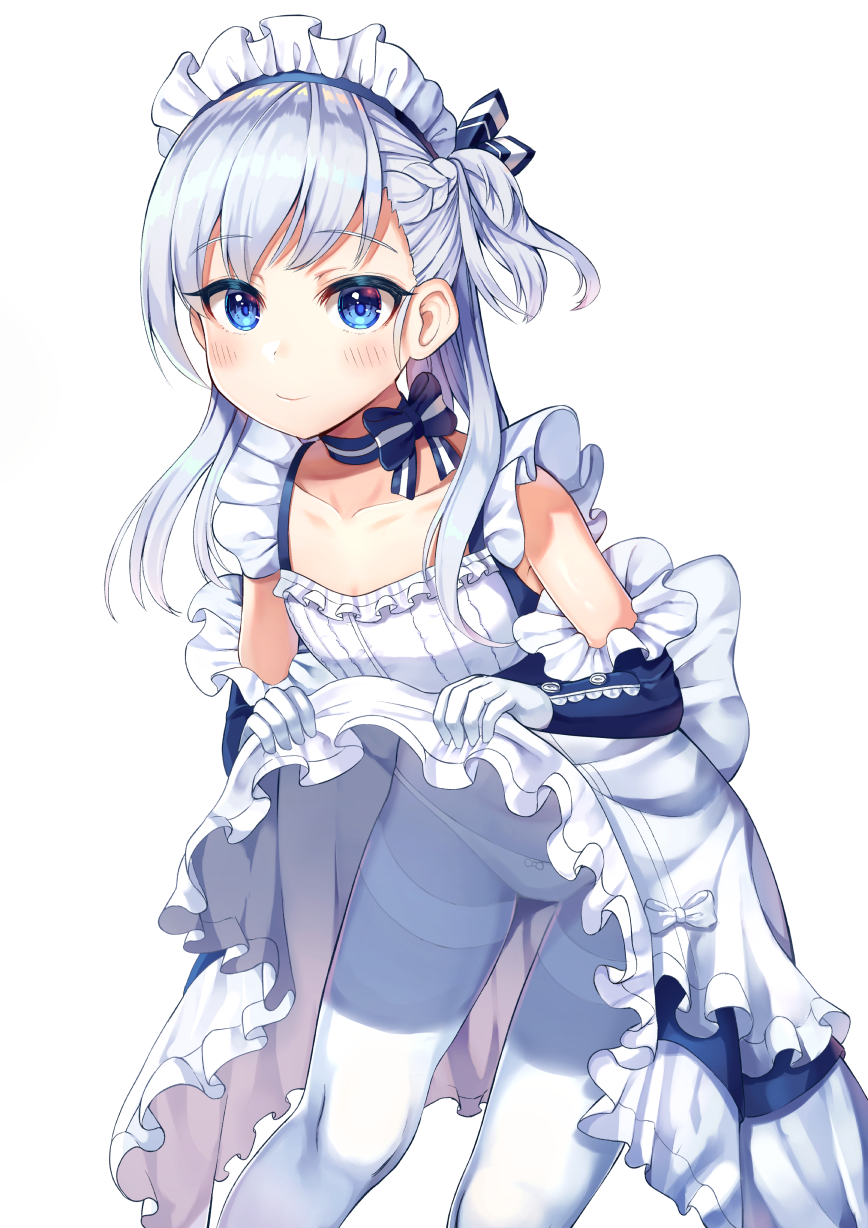 1girl apron azur_lane bangs belchan_(azur_lane) belfast_(azur_lane) black_ribbon blue_bow blue_dress blush bow bow_panties braid closed_mouth collarbone commentary_request dress dress_lift eyebrows_visible_through_hair frilled_apron frills hair_ribbon highres lifted_by_self looking_at_viewer maid maid_headdress one_side_up panties panties_under_pantyhose pantyhose rangen ribbon simple_background sleeveless sleeveless_dress smile solo striped striped_bow thighband_pantyhose underwear waist_apron white_apron white_background white_legwear