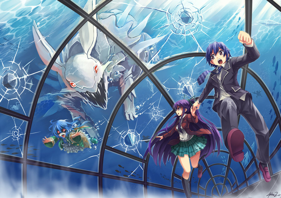 1boy 2girls aquarium aquarium_tunnel blue_hair boots bubble claws commentary cracked_ceiling cracked_glass cracked_window date_a_live diving dutch_angle english_commentary fangs fish fleeing green_footwear green_ribbon hair_ribbon hand_holding ice itsuka_shidou loafers long_hair lookimg_back looking_at_another monster multiple_girls mysticswordsman21 necktie purple_hair rabbit raincoat red_eyes ribbon running school_uniform shaded_face sharp_teeth shoes short_hair squid teeth tunnel underwater underwater_tunnel water yandere yatogami_tooka yoshino_(date_a_live) zadkiel_(date_a_live)