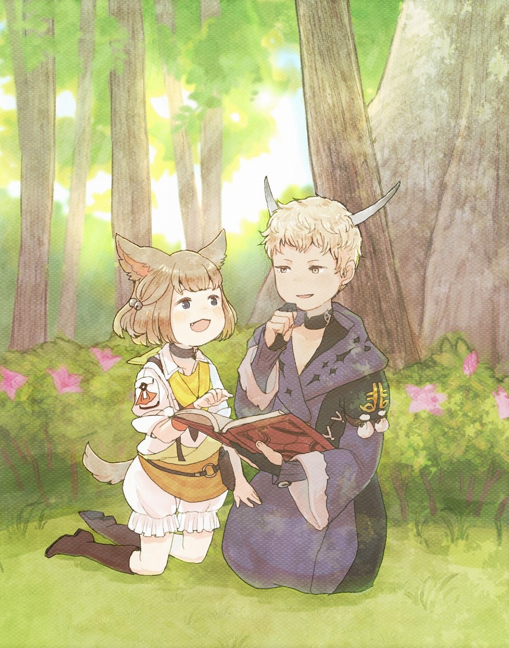 1boy 1girl animal_ears bell black_eyes blonde_hair bloomers book brown_hair cat_ears cat_tail choker e-sumi-yan fang final_fantasy final_fantasy_xiv forest hair_bell hair_ornament highres horns khloe_aliapoh kneeling looking_at_another miqo'te mozuku_(mozuuru0323) nature open_book open_mouth outdoors robe short_hair tail underwear yellow_eyes