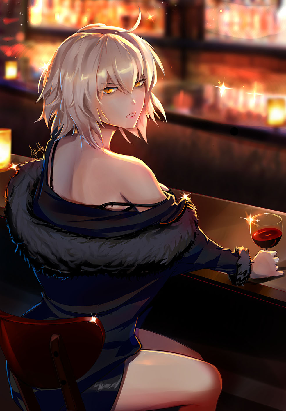 1girl ahoge alcohol bangs black_dress blue_coat collarbone cup dress drinking_glass eyebrows_visible_through_hair fate/grand_order fate_(series) fur-trimmed_sleeves fur_collar fur_trim grey_hair hair_between_eyes highres jeanne_d'arc_(alter)_(fate) jeanne_d'arc_(fate)_(all) looking_at_viewer multicolored multicolored_background open_mouth sad seat solo tavern wine wine_glass x-kulon yellow_eyes