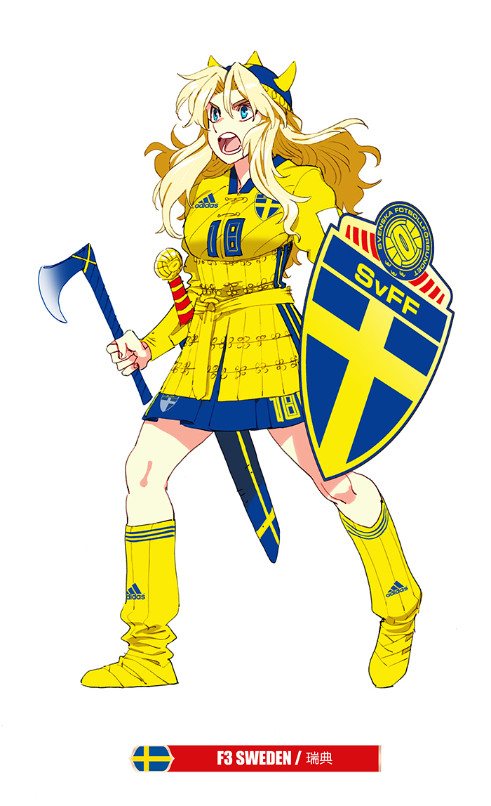1girl 2018_fifa_world_cup adidas axe boots daibajoujisan full_body hair_between_eyes hair_intakes helmet horned_helmet long_hair open_mouth shield simple_background soccer solo sweden swedish_flag white_background yellow_footwear