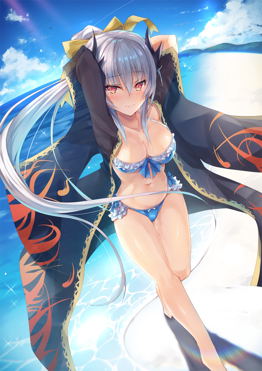 1girl armpits bare_legs beach bikini blue_bikini blue_sky blush bow breasts cleavage collarbone commentary_request day eyebrows_visible_through_hair fate/grand_order fate_(series) from_above front-tie_top full_body hair_between_eyes hair_bow highres hinot japanese_clothes kimono kiyohime_(fate/grand_order) kiyohime_(swimsuit_lancer)_(fate) large_breasts long_hair looking_at_viewer navel ocean open_clothes open_kimono outdoors sand see-through shore silver_hair sky smile swimsuit very_long_hair walking water yellow_eyes