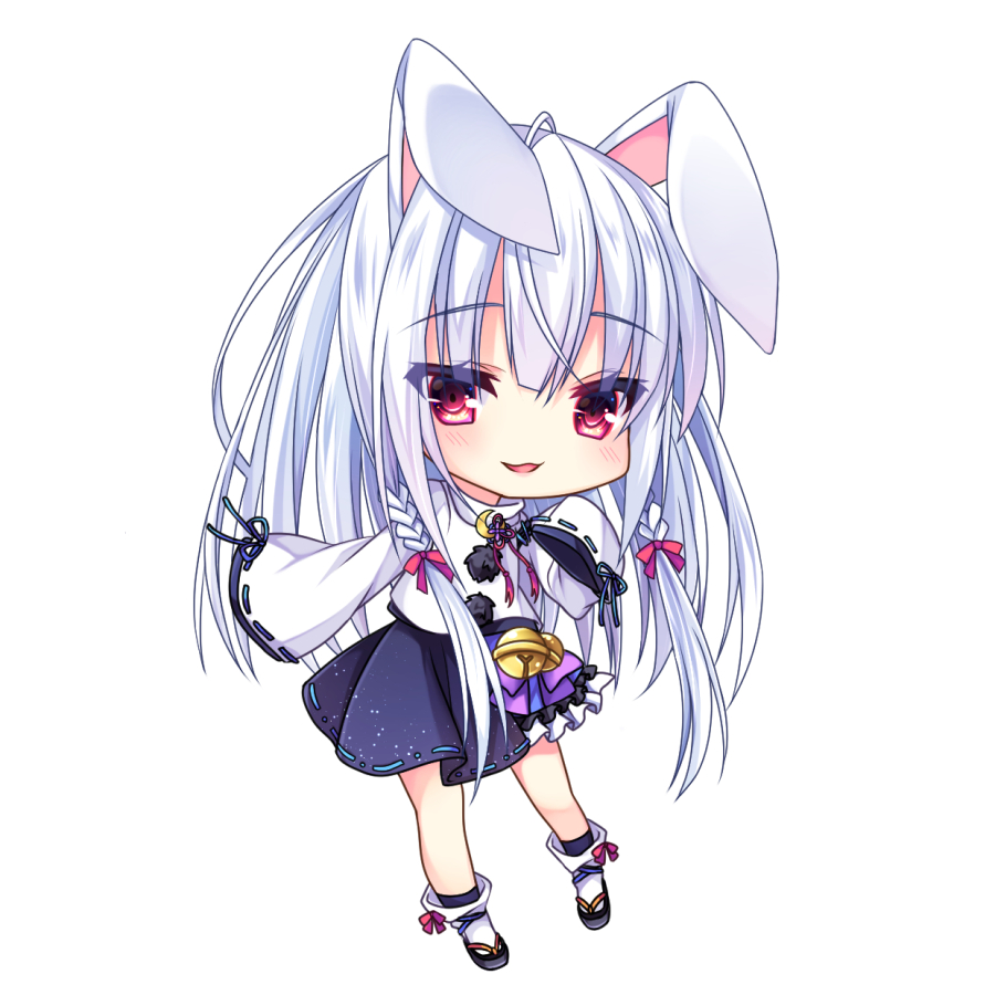 1girl :3 :d animal_ears bangs bell black_footwear black_legwear blue_skirt blush bow braid chibi commentary_request crescent crescent_moon_pin eyebrows_visible_through_hair full_body hair_between_eyes hair_bow hinamushi_(shokuyou) jingle_bell leaning_forward long_hair long_sleeves looking_at_viewer open_mouth original purple_bow rabbit_ears red_bow ribbon-trimmed_skirt ribbon-trimmed_sleeves ribbon_trim shirt side_braid silver_hair simple_background skirt sleeves_past_fingers sleeves_past_wrists smile socks solo standing twin_braids very_long_hair white_background white_legwear white_shirt wide_sleeves zouri