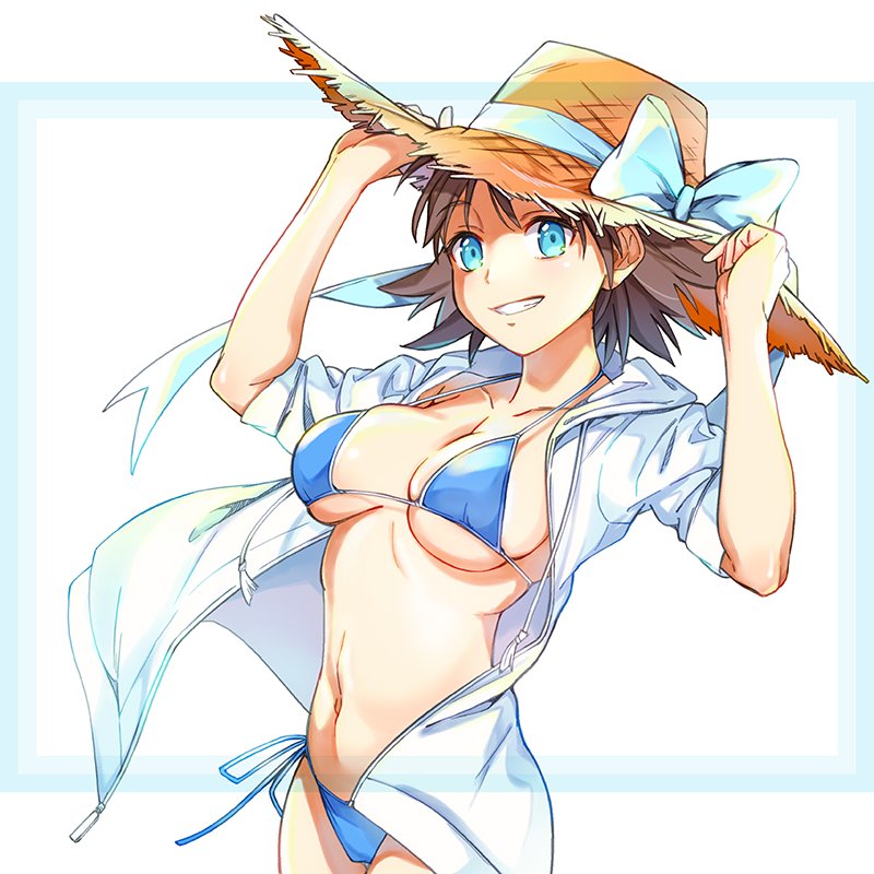 1girl bikini blue_bikini blue_border blue_eyes border breasts brown_hair cowboy_shot flipped_hair grin hat hiei_(kantai_collection) holding holding_hat hood hooded_jacket hoodie jacket kantai_collection large_breasts open_clothes saki_(little_crown) short_hair side-tie_bikini simple_background skindentation smile solo straw_hat sun_hat swimsuit white_background white_jacket