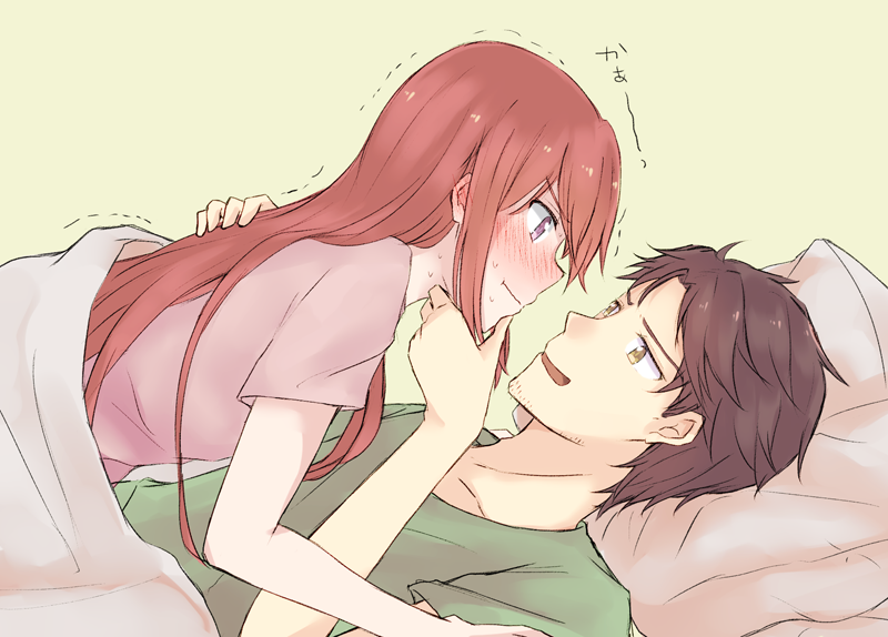 1boy 1girl black_hair blush breasts embarrassed facial_hair green_background green_shirt hand_on_another's_back hand_on_another's_chin long_hair lying_on_person makise_kurisu messy_hair okabe_rintarou open_mouth pillow pink_shirt pout profile redhead shirt short_hair short_sleeves small_breasts steins;gate stubble sweatdrop trembling under_covers violet_eyes yellow_eyes yugure