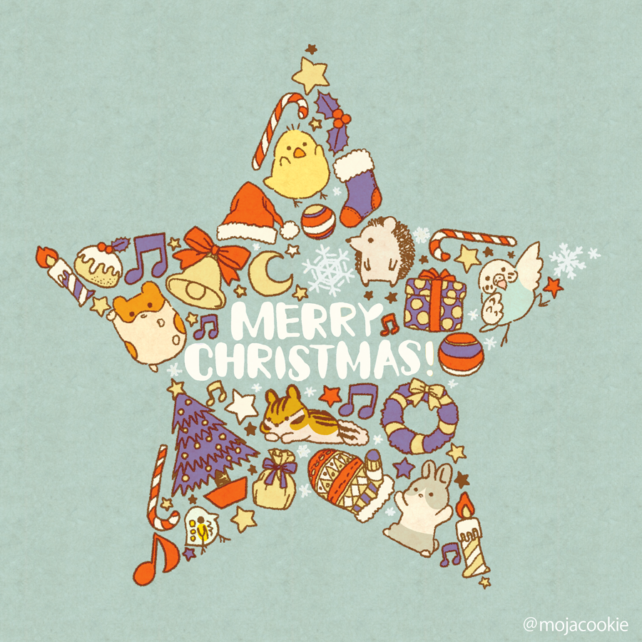 aqua_background beamed_eighth_notes bell bird candle christmas christmas_tree crescent eighth_note english fox gift hamster hat hedgehog merry_christmas mittens mojacookie musical_note no_humans original rabbit santa_hat snowflakes star twitter_username