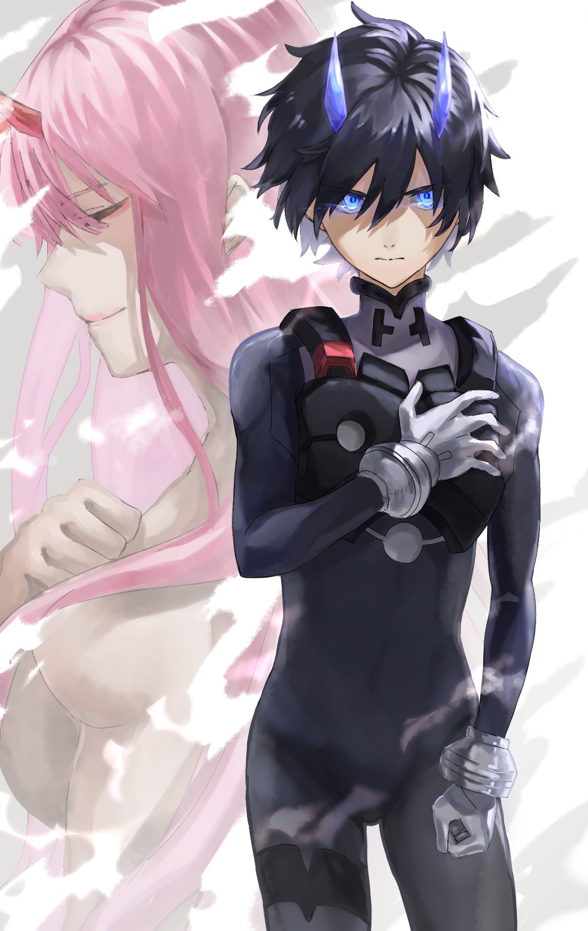 1boy 1girl bangs black_bodysuit black_hair blue_eyes blue_horns bodysuit breasts closed_eyes commentary_request couple darling_in_the_franxx eyebrows_visible_through_hair gloves hair_over_breasts hand_on_own_chest hetero highres hiro_(darling_in_the_franxx) horns long_hair looking_at_viewer medium_breasts oni_horns pilot_suit pink_hair red_horns sa_nomaru shirtless short_hair white_gloves zero_two_(darling_in_the_franxx)