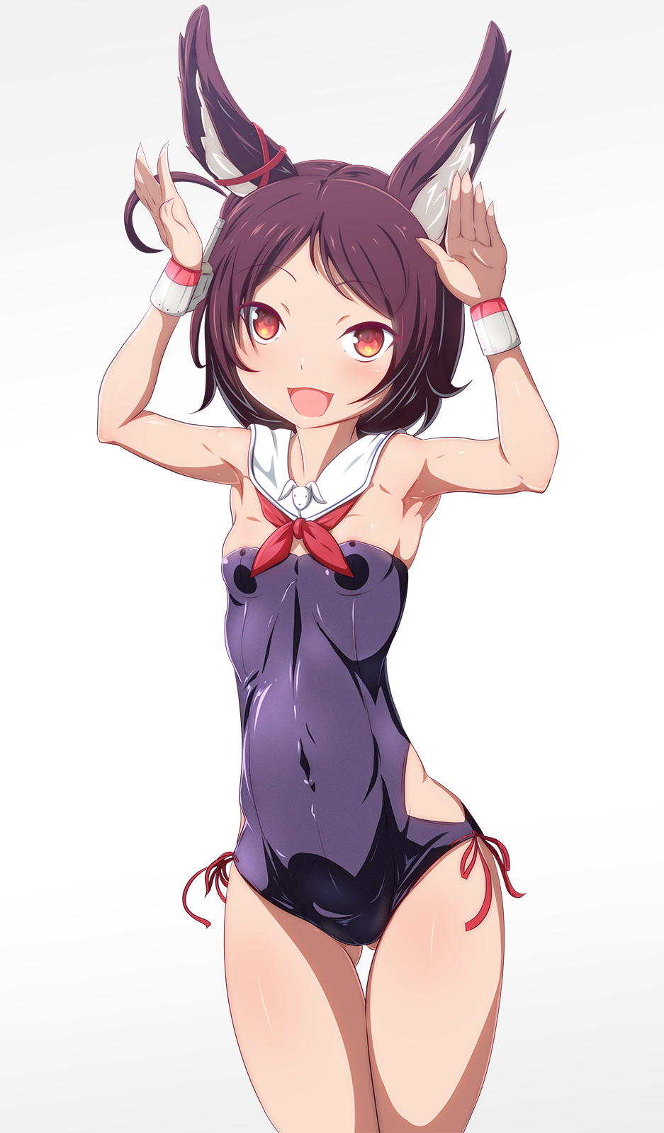 1girl animal_ears armpits arms_up azur_lane bracer brown_eyes brown_hair bunny_pose covered_navel danpu dark_skin detached_collar erect_nipples flat_chest gluteal_fold highres i-26_(azur_lane) one-piece_swimsuit open_mouth rabbit_ears sailor_collar school_swimsuit short_hair smile solo strapless strapless_swimsuit swimsuit thigh_gap
