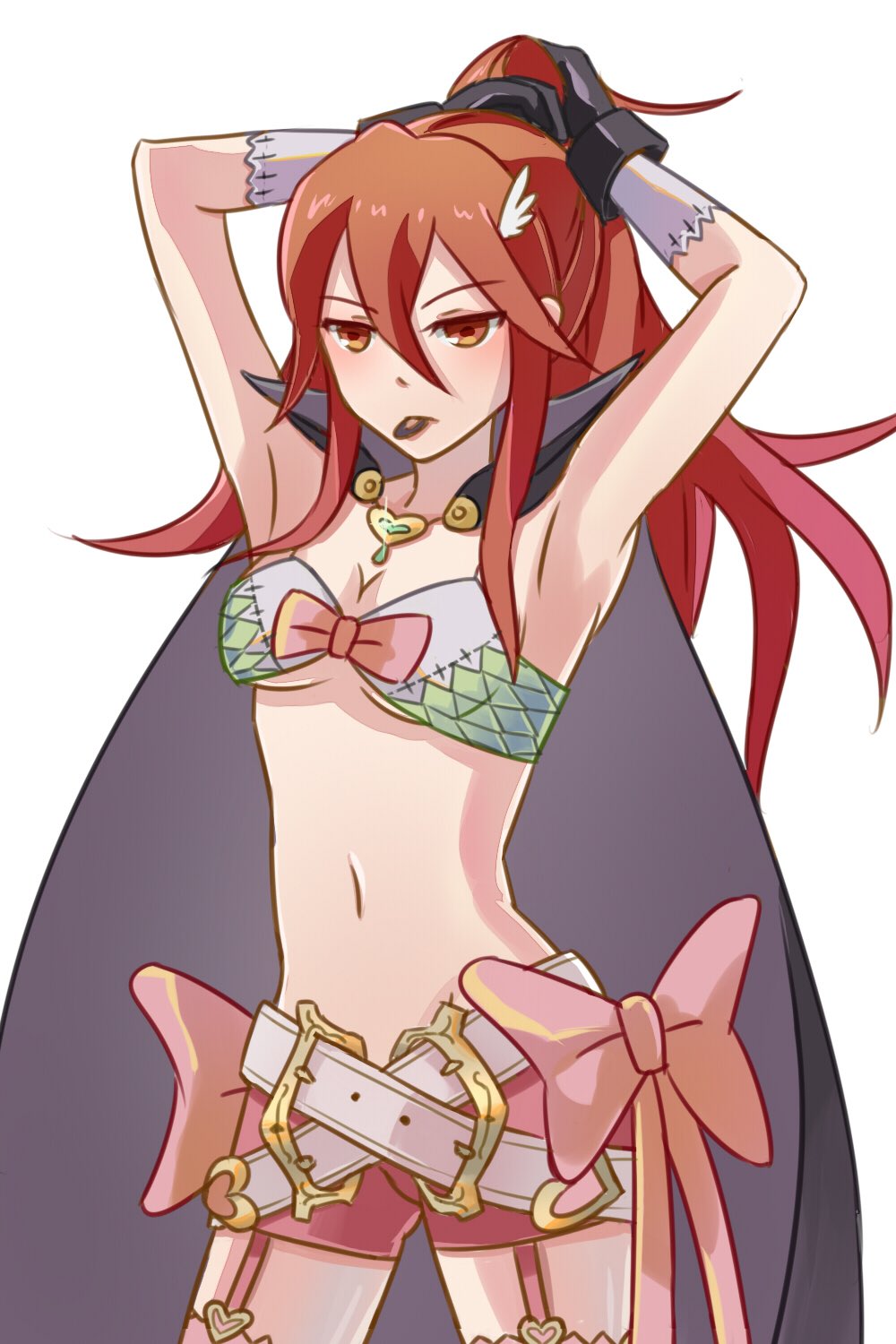 1girl arms_up belt bow breasts cape cleavage cosplay fire_emblem fire_emblem:_kakusei fire_emblem_heroes highres hraaat long_hair midriff navel nowi_(fire_emblem) nowi_(fire_emblem)_(cosplay) pink_bow ponytail red_eyes redhead simple_background small_breasts solo cordelia_(fire_emblem) white_background white_belt