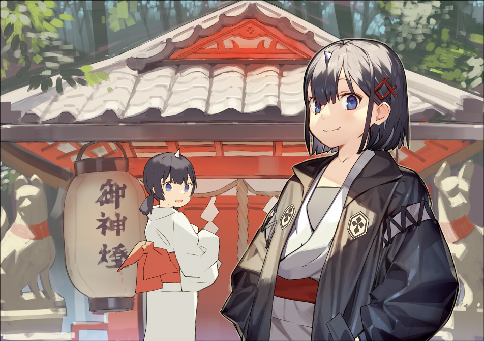 2girls bamboo bamboo_forest black_hair black_jacket blue_eyes blue_sky blush closed_mouth day fangs fangs_out forest hair_ornament hands_in_pockets horn jacket japanese_clothes kimono lantern long_hair looking_at_viewer looking_back low_twintails misoni_comi multiple_girls nature obi open_clothes open_jacket open_mouth original outdoors paper_lantern sash sky smile statue temple translated twintails white_kimono