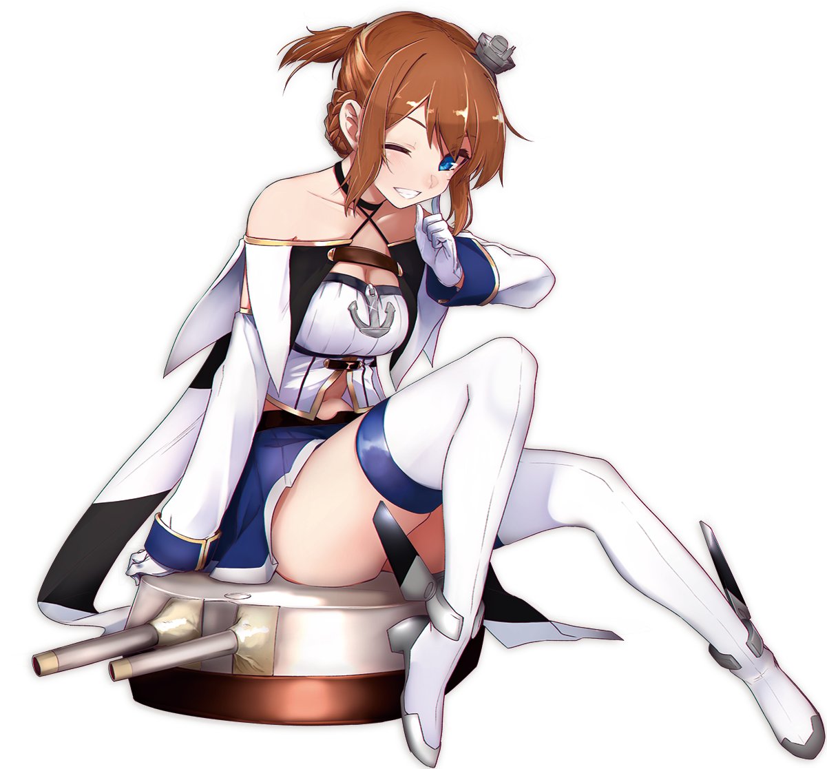 1girl anchor ariyoshi_gen azur_lane bare_shoulders blue_eyes brown_hair cannon commentary detached_sleeves full_body gloves grin looking_at_viewer navel one_eye_closed ponytail repulse_(azur_lane) short_hair sidelocks simple_background sitting smile solo thigh-highs turret white_background white_gloves white_legwear