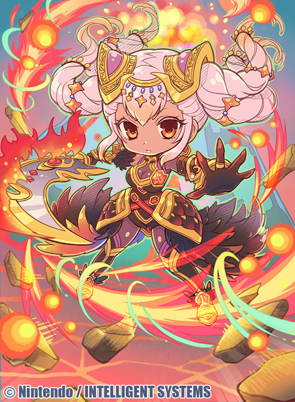 1girl armor breasts chibi cleavage company_name dark_skin debris fire fire_emblem fire_emblem_cipher fire_emblem_heroes fumi_(butakotai) hair_ornament holding holding_sword holding_weapon laevateinn_(fire_emblem_heroes) long_hair official_art pink_hair red_eyes see-through solo sword twintails weapon