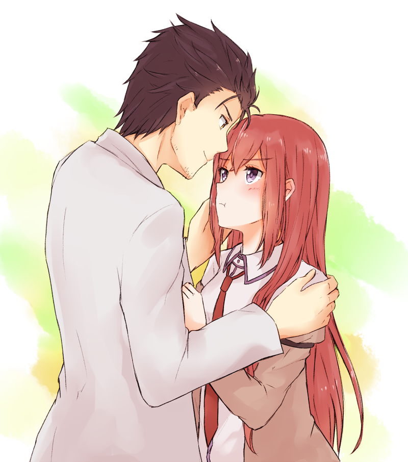 1boy 1girl black_hair blush breasts collared_shirt face-to-face facial_hair hand_on_another's_face hand_on_another's_shoulder jacket labcoat long_hair looking_at_another makise_kurisu necktie off_shoulder okabe_rintarou pout redhead shirt short_hair small_breasts steins;gate stubble upper_body violet_eyes yellow_eyes yugure