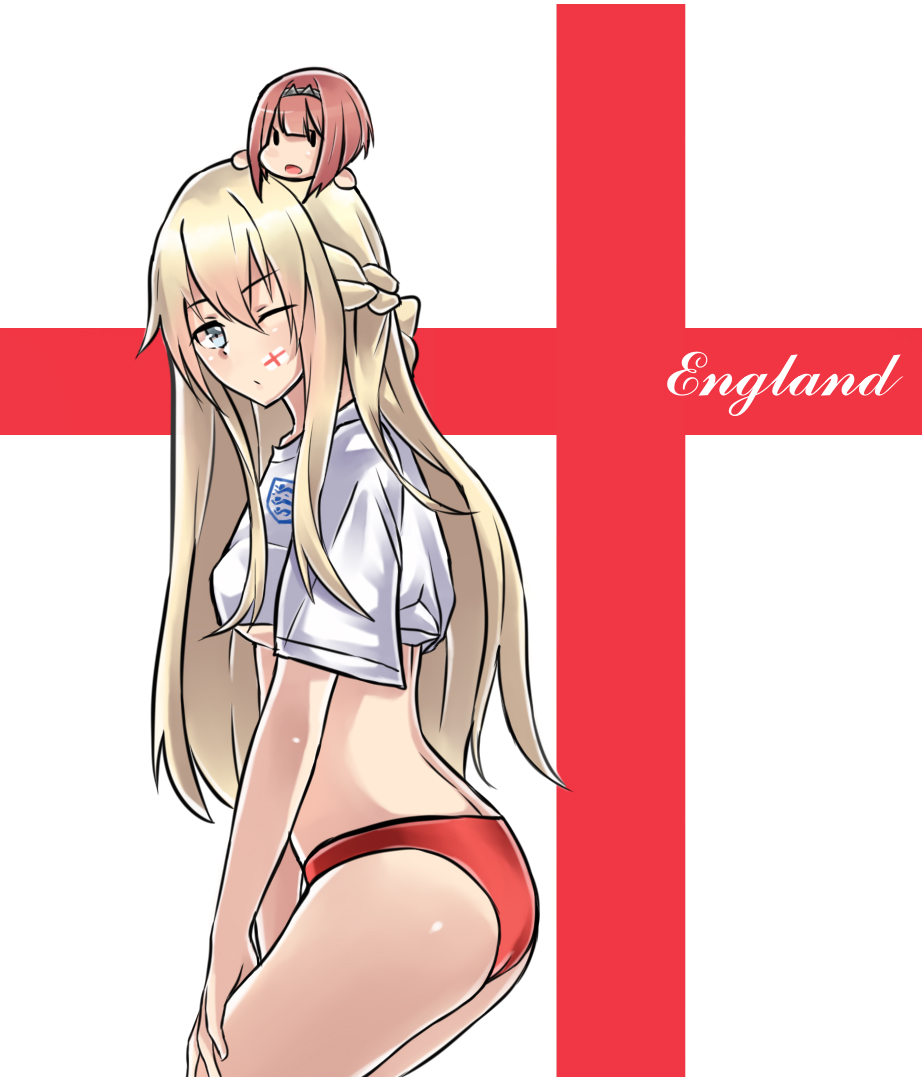 ark_royal_(kantai_collection) bangs blunt_bangs braid french_braid hairband kantai_collection konishi_(koconatu) kuroinu9 red_shorts redhead shorts soccer_uniform sportswear warspite_(kantai_collection) world_cup