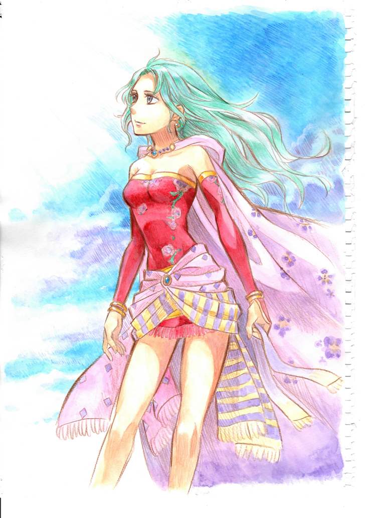 1girl breasts cleavage closed_mouth commentary_request dress earrings elbow_gloves final_fantasy final_fantasy_vi gloves green_hair hair_down jewelry long_hair no_legwear sash sio2_(nisankakeiso) solo tina_branford