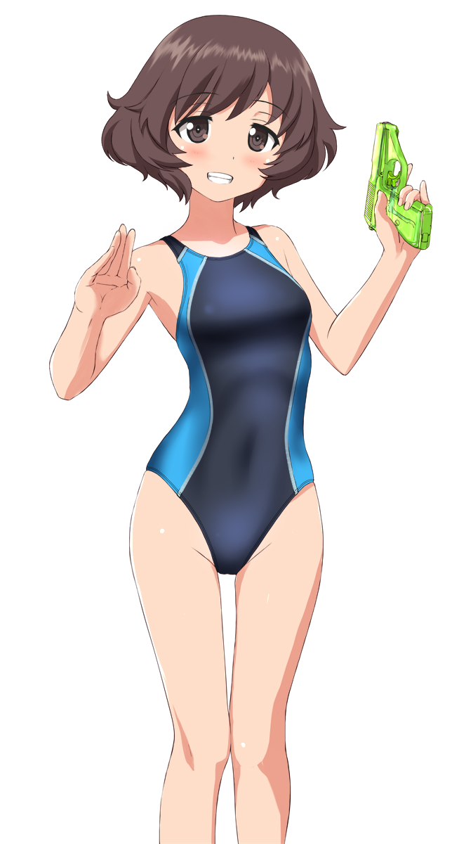 1girl akiyama_yukari black_swimsuit brown_eyes brown_hair competition_swimsuit cowboy_shot feet_out_of_frame girls_und_panzer gradient grin highres looking_at_viewer messy_hair one-piece_swimsuit short_hair simple_background smile solo swimsuit takafumi thigh_gap water_gun white_background