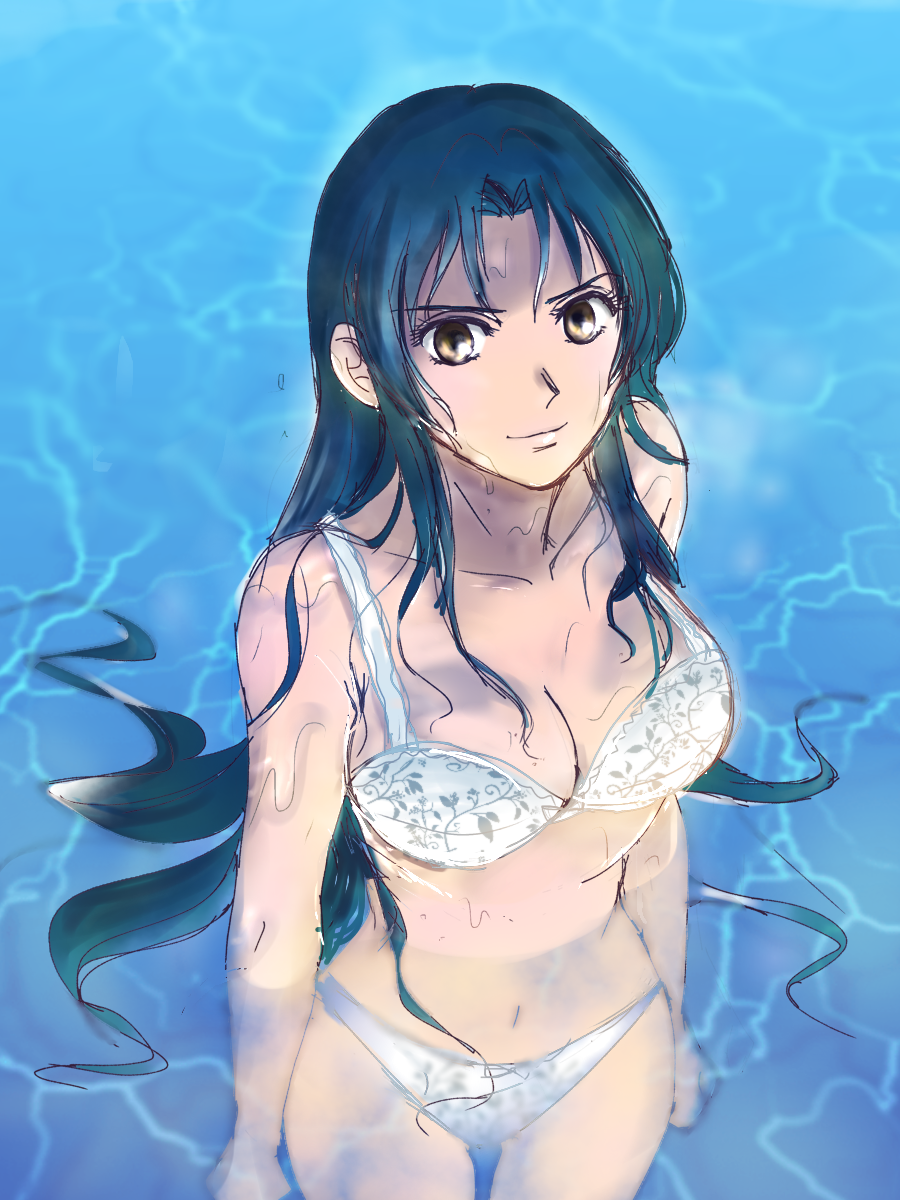 1girl bangs blue_hair bra breasts brown_eyes chidori_kaname cleavage collarbone full_metal_panic! full_metal_panic!_invisible_victory highres long_hair looking_at_viewer medium_breasts navel panties parted_bangs partially_submerged pikka underwear underwear_only wet wet_hair white_bra white_panties