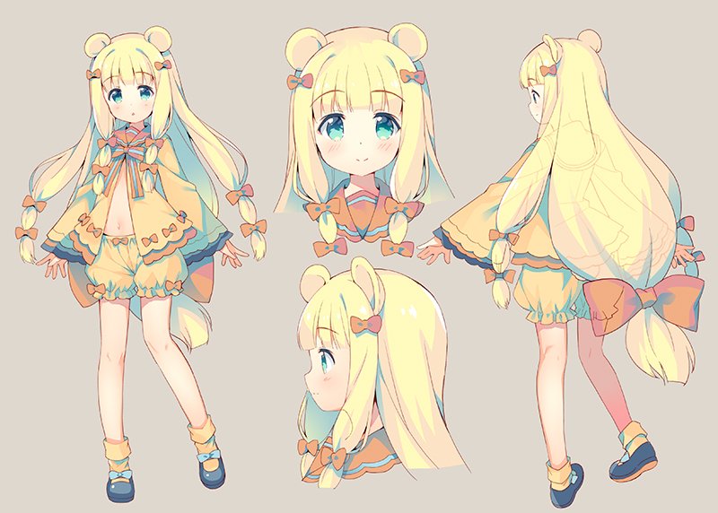 1girl :o animal_ears bangs bear_ears blonde_hair bloomers blush bow brown_background closed_mouth commentary_request dress eyebrows_visible_through_hair green_eyes hair_bow head_tilt long_hair long_sleeves looking_at_viewer looking_away low-tied_long_hair meito_(maze) multiple_views orange_bloomers orange_bow orange_dress original parted_lips profile simple_background sleeves_past_wrists smile striped striped_bow underwear very_long_hair wide_sleeves x-ray