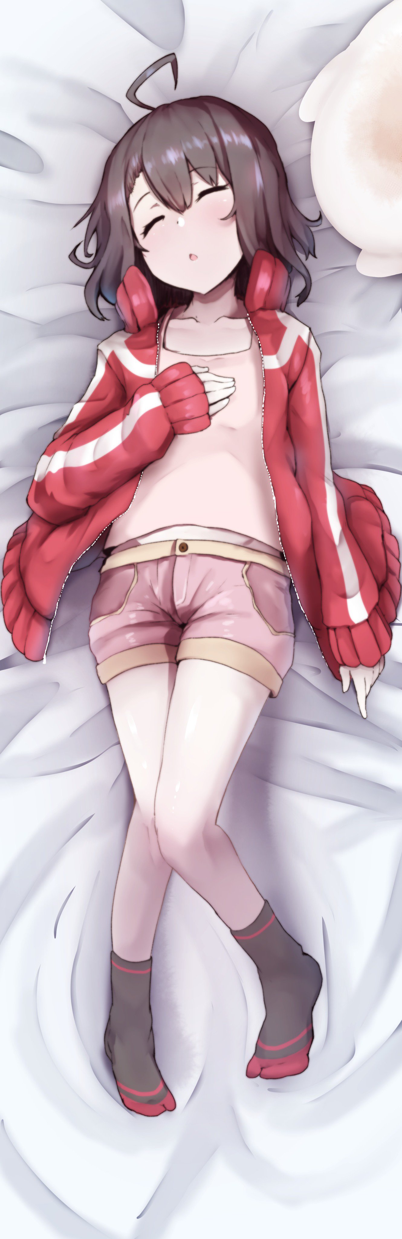 1girl absurdres ahoge bangs bed_sheet black_hair black_legwear blush closed_eyes collarbone commentary_request eyebrows_visible_through_hair facing_viewer full_body hair_between_eyes hand_on_own_chest hand_up head_tilt highres jacket long_sleeves lying no_shoes on_back open_clothes open_jacket original parted_lips pink_shorts pink_tank_top red_jacket short_shorts shorts sleeping sleeves_past_wrists socks solo tank_top track_jacket wada_kazu
