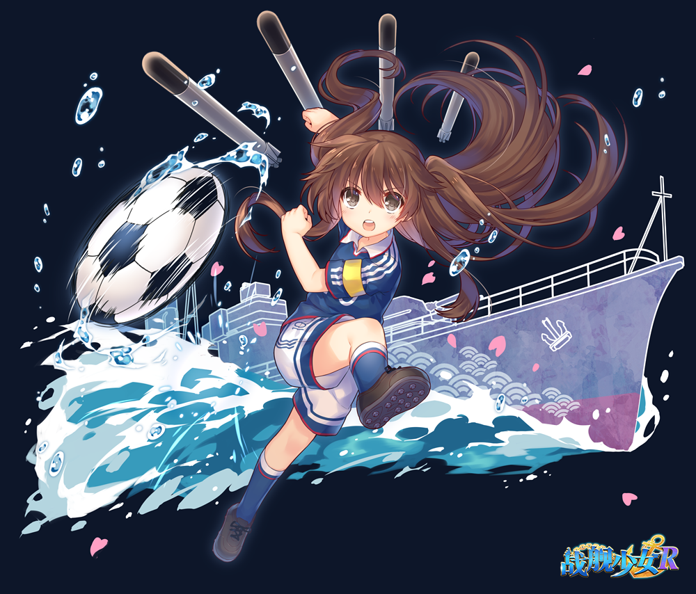 1girl anchor arm_up ball bangs blue_background blue_legwear blue_shirt blush brown_eyes brown_footwear brown_hair character_request collared_shirt commentary_request eyebrows_visible_through_hair hair_between_eyes hand_up jiang-ge kneehighs long_hair official_art open_mouth petals ship shirt shoes short_shorts short_sleeves shorts simple_background soccer_ball soccer_uniform solo sportswear torpedo twintails upper_teeth v-shaped_eyebrows very_long_hair water water_drop watercraft waves white_shorts zhan_jian_shao_nyu