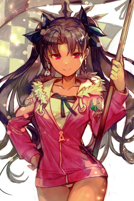 1girl bangs black_hair black_ribbon breasts checkered checkered_flag collarbone earrings fate/grand_order fate_(series) flag fur-trimmed_jacket fur_trim hair_ribbon hand_on_hip hankuri hips hood hoodie hoop_earrings ishtar_(fate/grand_order) ishtar_(swimsuit_rider)_(fate) jacket jewelry long_hair looking_at_viewer one-piece_swimsuit parted_bangs pink_jacket red_eyes ribbon simple_background smile solo swimsuit swimsuit_under_clothes tiara tohsaka_rin two_side_up white_background white_swimsuit