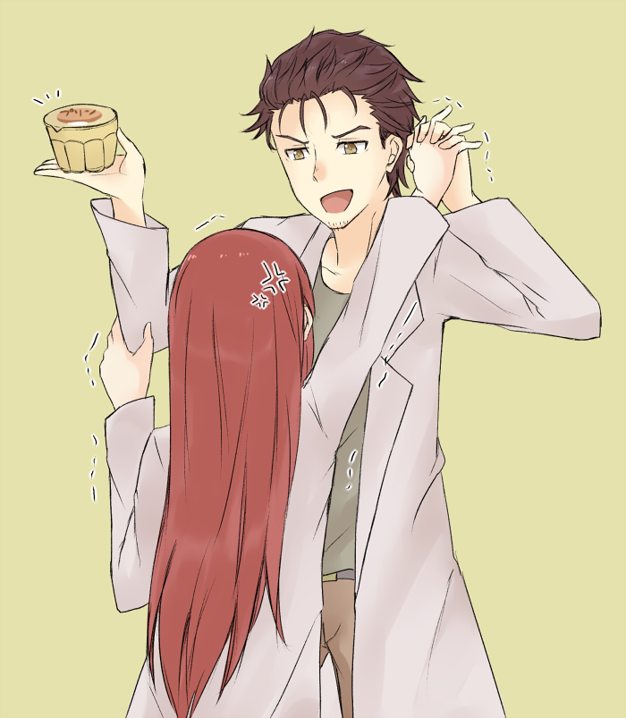 anger_vein black_hair cowboy_shot facial_hair food green_background hand_holding hand_on_another's_arm height_difference interlocked_fingers labcoat long_hair makise_kurisu okabe_rintarou open_mouth pants pudding redhead shirt short_hair simple_background steins;gate stubble taunting trembling yellow_eyes yugure