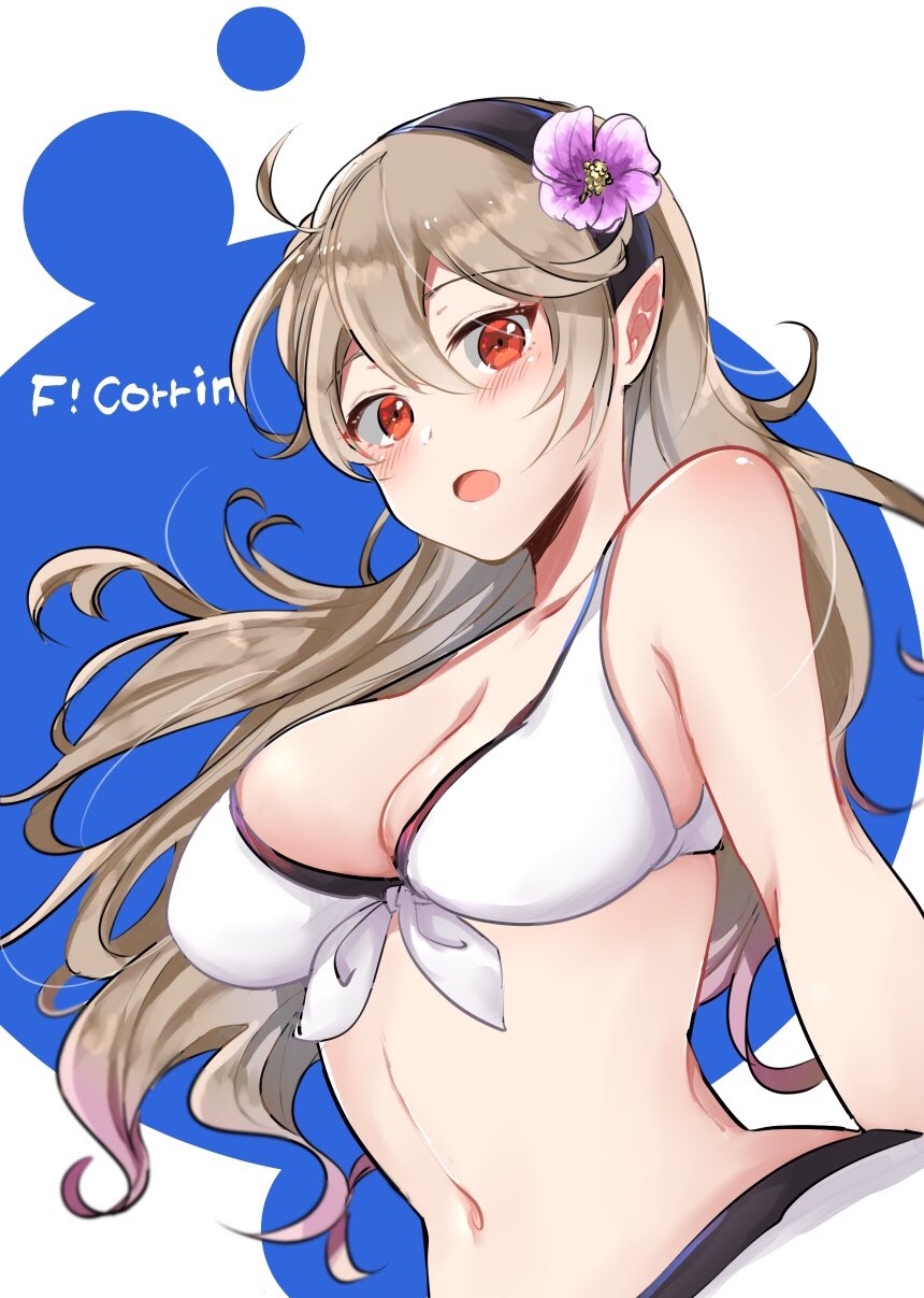 1girl bikini breasts character_name cleavage female_my_unit_(fire_emblem_if) fire_emblem fire_emblem_heroes fire_emblem_if flower hair_flower hair_ornament hairband highres large_breasts long_hair midriff my_unit_(fire_emblem_if) navel nekolook open_mouth red_eyes solo swimsuit upper_body white_bikini